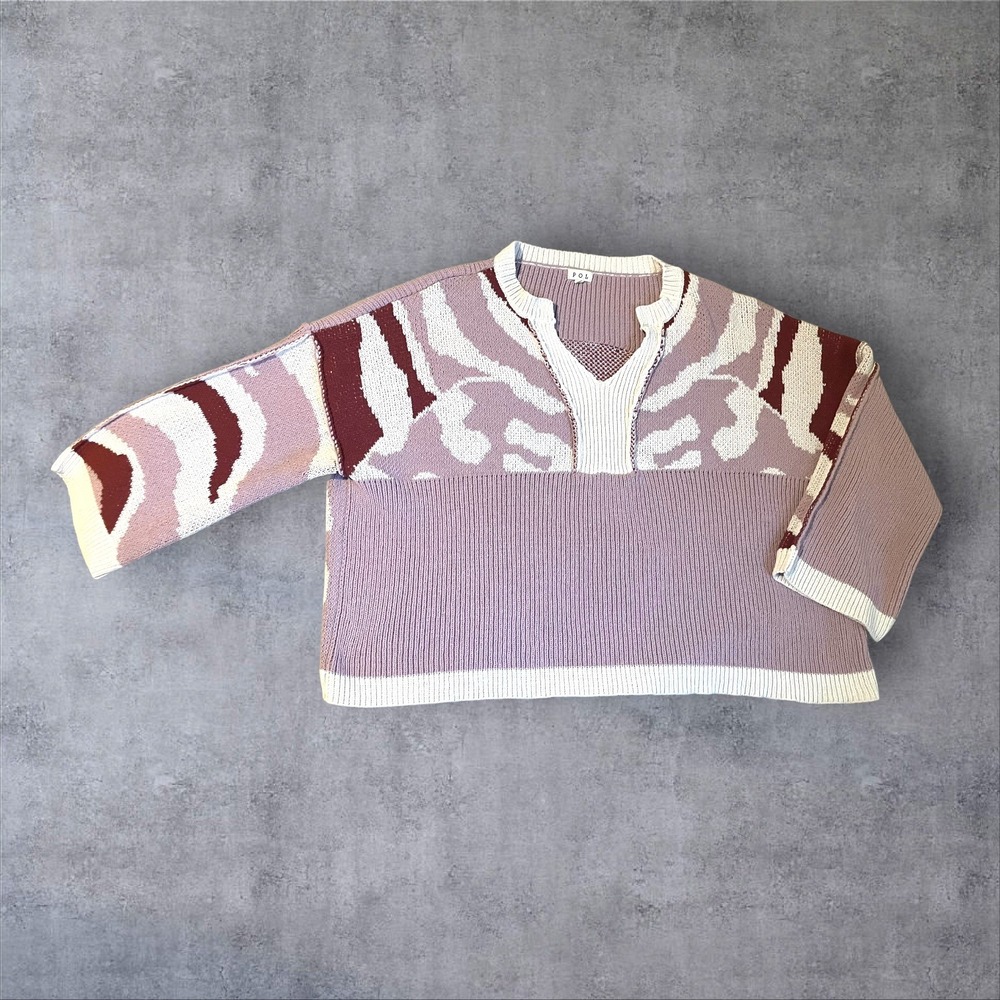 POL Women Oversized Animal Print V Neck‎ Knit Sweater Lavender Cream  Size L